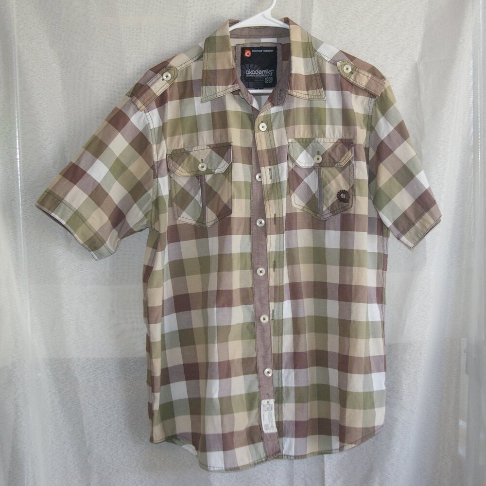 Akademiks Green, Brown, and Tan Plaid Button Shirt